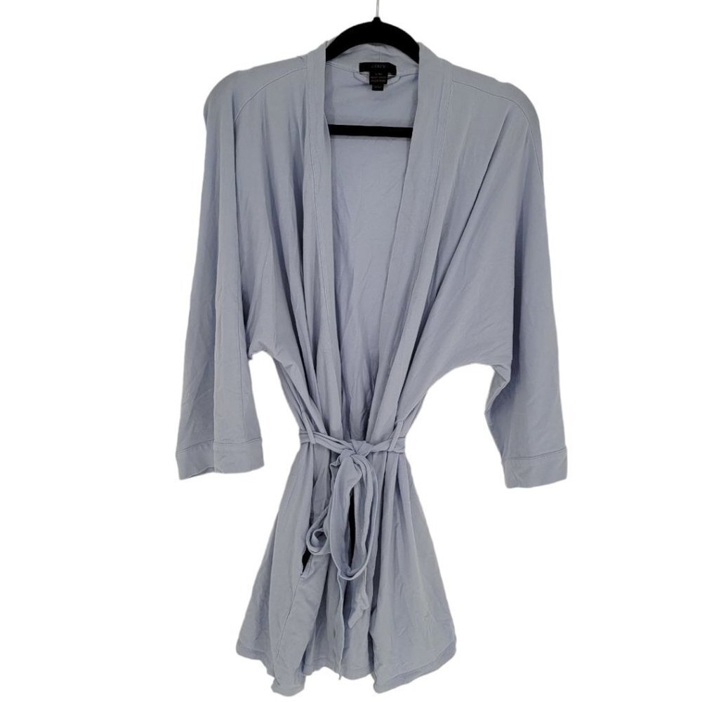 J crew womens Large XL light blue belted short robe with pockets cotton blend